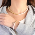 French retro pearl necklace and bracelet set with butterfly pendant and gold bead accents - Butterfly Pendant Necklace & Bracelet Set (EDN-15-Bracelet+Necklace)