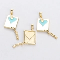 Square gold pendant with light blue enamel heart and hanging mama letter charms - Square Blue Enamel Heart Pendant (YJ016-4)