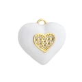 Macro shot of white enamel heart pendant with micro-set zircons and golden core detail - White Enamel Heart (06)