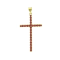 Macro view of gold plated cross pendant featuring pave set red cubic zirconia stones - Gold Long Strip Cross Yellow Stones (05)