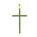 Detail of cross pendant featuring green micro-pave cubic zirconia on gold metal - Gold Long Strip Cross Red Stones (08)