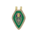 Detailed view of gold shield pendant with Hamsa symbol, colorful enamel, and pink crystals - Shield Green Purple Enamel Hamsa Hand Style (08)