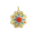 Macro shot of 18k gold plated sunburst tarot pendant with red enamel and star details - Sun God Octagonal Star Style (02)