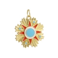 Macro detail of 18k gold plated tarot style sunburst pendant with red and blue enamel - Pop Style Sun Starburst Style (03)