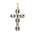 Gold plated cross pendant featuring rectangular blue stones and white zircon accents - Emerald Cut Blue Rhinestone Cross (17)