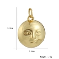 Detailed view of a 1.8cm gold plated moon face pendant with dimensions and weight info - Moon Face Relief