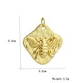 Detail view of 18k gold plated bee pendant showing dimensions 2.4cm by 2.2cm and weight 3.5g - Square Bee Relief