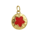 Detailed view of hammered 18k gold plated round charm with a red floral inlay center - Red Flower Hammered Style (13)