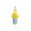 Détail macro du pendentif seau à pop-corn plaqué or 18k avec émail bleu et rayures jaunes - 13-Popcorn à Rayures Bleues