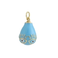 Macro shot of light blue enamel water-drop pendant with gold eye design details - Blue Eye Waterdrop Enamel (11)
