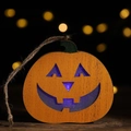 Hanging wooden Halloween pumpkin lamp with blue LED light and natural jute rope cord - Pumpkin Pattern