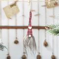 Christmas gnome ornament with red plaid hat and heart patch hanging on twine - Red Heart Plaid Hat Style