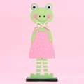 Easter wooden frog figurine in pink polka dot dress on dark base for desk decor - Pink Wooden Frog Ornament