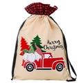Sacchetto regalo di Natale in lino con scacchi, camion rosso e motivo di gnomi - Sacchetto Regalo Auto Vecchio della Foresta