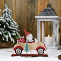 Wooden Santa driving a car ornament with red gift box and frosted Christmas tree - Natural Wood Style / Small