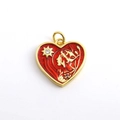 Macro view of gold heart pendant with red glitter enamel and Fu character design - Fu Character Heart Style (03)
