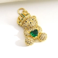 Golden teddy bear pendant with micro-set zircons and a large green heart crystal - Crown Holding Green Heart Bear (01)