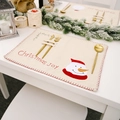 Linen Christmas placemat with snowman embroidery and cutlery slots for holiday table decor - Snowman