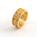 Detail showing vintage gold-plated ring with intricate filigree and colorful zircons - Green Zirconia Leaf Ring