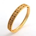 Detail view of gold-plated hollow bracelet with green and white cubic zirconia stones - Green Zirconia Leaf Bangle