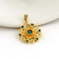 Macro detail of 18k gold plated flower pendant with green stone and orange enamel petals - Floral Style (06)