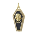 Macro detail of gothic coffin pendant with gold skull, black enamel and cubic zirconia - Gold Black Skull Coffin (06)