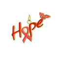 Detail of a gold-plated Hope pendant featuring red enamel and a ribbon design with a butterfly - Red Enamel Butterfly Hope Letter Style (06)