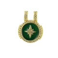 Detail of round gold pendant with green enamel, star-shaped zircon and diamond accents - Green Enamel North Star Round Medal Style (07)