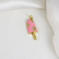 Detailed close-up of pink enamel ice cream pendant with heart gems and Lucky engraving - Pink Base Heart Ice Cream Pendant (P)