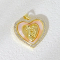 Detail of heart pendant featuring pink mother-of-pearl and mother-child gold relief - Heart Mother And Child Embrace Style (06)