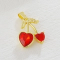 Detailed close-up of a gold-plated cherry pendant with two red heart-shaped crystals - Heart-shaped Double Cherry (01)