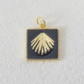 Detailed view of a square vintage pendant with gold shell relief and black enamel inlay - Black Gold Square Shell Style (06)