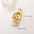 Detailed view of gold palm pendant with dimensions and evil eye design for jewelry - Red Black Eye Hamsa Hand (10)