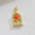 Pendentif arc plaqué or 18 carats avec rose émaillée rouge et feuilles vertes sur cuir blanc - Style Rose Rouge sous Cloche (07)