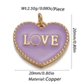 Detail view of a 20mm purple enamel heart pendant with golden LOVE embossing in copper - Purple Enamel Heart LOVE (19)