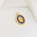 Religious oval gold pendant with blue enamel, saint icon and white zircon stones - Dark Blue Enamel Virgin Mary Oval Style (06)