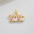 Gold-plated XOXO pendant charm with pink and white enamel hearts for DIY jewelry - Pink White Heart XOXO (07)