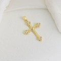 Detailed view of a gold cross pendant with fine texture and cubic zirconia stones - Rhinestone Cross Vintage Style (14)