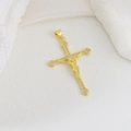Detailed macro view of gold-plated Jesus cross pendant with white micro-pave zircons - Crucifix Jesus Pave Rhinestone Style (15)