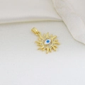Detailed view of evil eye sun pendant with blue enamel and sparkling zircons - Gold Evil Eye Sun Style (05)