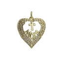 Golden heart pendant with cross and MOM lettering featuring white sparkling stones - Heart Cross MOM Style (03)