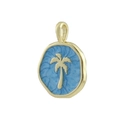 Detalle del colgante de palmera chapado en oro de 18k con acabado de esmalte azul - Colgante Redondo Palmera Azul