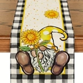 Chemin de table avec gnome et tournesol, décor saisonnier à carreaux noirs et blancs - Style Gnome Tournesol
