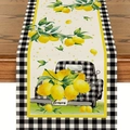 Runner da tavola in lino con limoni e camion su un tavolo da pranzo in legno scuro rustico - Stile Camioncino Limone / 180x32cm