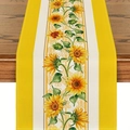 Saisonaler gelber Sonnenblumen-Tischläufer auf Holztisch für Küche und Heimdekoration - Sonnenblume Stil