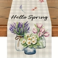 Runner da tavola primaverile con scritte Hello Spring e fiori su tessuto a quadretti - Stile Vaso di Fiori Hello Spring