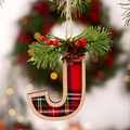 Christmas tree letter J ornament with red-green plaid fabric and pine cone details - Letter J