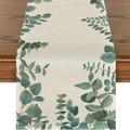 Linen eucalyptus leaf table runner on dark wood surface for home dining decor - Eucalyptus Leaf Style