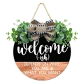 Letrero de bienvenida de madera con eucalipto y diseño bicolor negro y madera natural - Letrero de Puerta de Bienvenida Bicolor