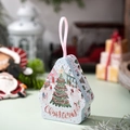 Pink house-shaped Christmas tin box with ribbon handle and festive tree illustration - Style F